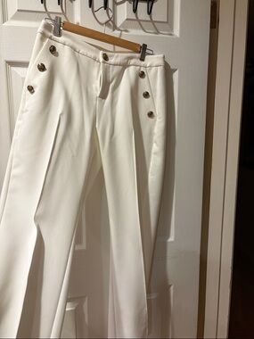 White Straight-Leg Pants with Gold Buttons